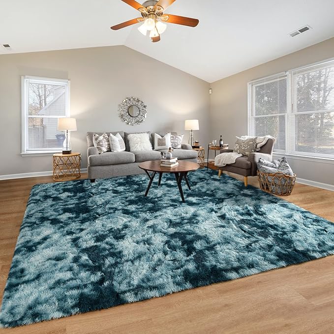 Pettop Fluffy Tie-Dye Peacock Blue Rug for Bedroom Living Room, 4x6 Feet Super Soft Shaggy Plush Fuzzy Rugs for Girls Kids Boys, Non-Slip and Washable Rug for Nursery Classroom, Carpet for Rooms Decor