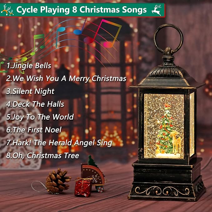 Christmas Snow Globe Decorations, Musical Glitter Christmas Tree Lantern with 6H Timer, USB/Battery Powered Lighted Décor for Home, Tabletop, Gift Box