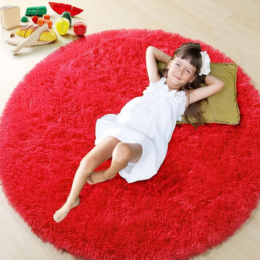 ONASAR Red Round Area Rug 4x4, Soft Bedroom Circle Rugs Floor Mat for Kids Girls Teen Room, Kawaii Fluffy Plush Shaggy Carpet for Nursery Living Room Playroom Christmas Home Decor Princess Castle