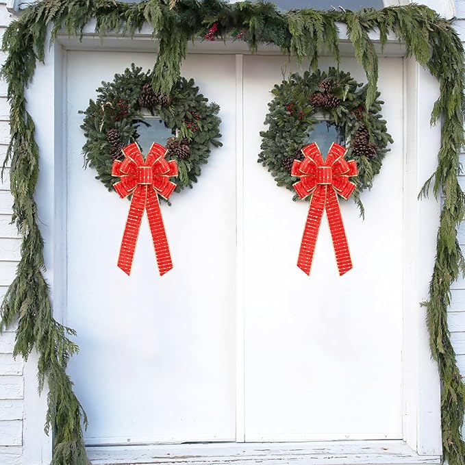 2PCS Red/Gold Velvet Christmas Bows with Gold Shiny Patches - 11"x19.6" Holiday Decor for Tree Topper Wreaths Door Windows Fireplace Fence Porch Gifts Parties Indoor/Outdoor Decorations