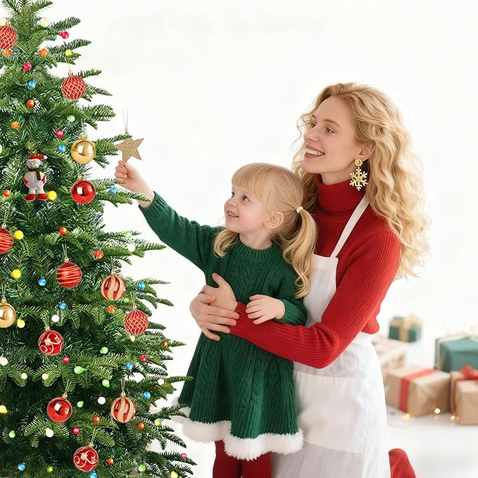 5Ft Prelit Artificial Christmas Tree, Lighted Aspen Fir Christmas Tree with Multicolor Globe Lights and Metal Stand, Slim PE & PVC Mixed Layered Xmas Tree for Holiday Home Decor