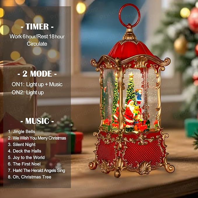 Santa Snow Globe Christmas Decorations Indoor Christmas Tree Gifts for Child Classic Relief Texture Musical Glitter Snowfall USB/Battery Timer Lantern 12.5 inch