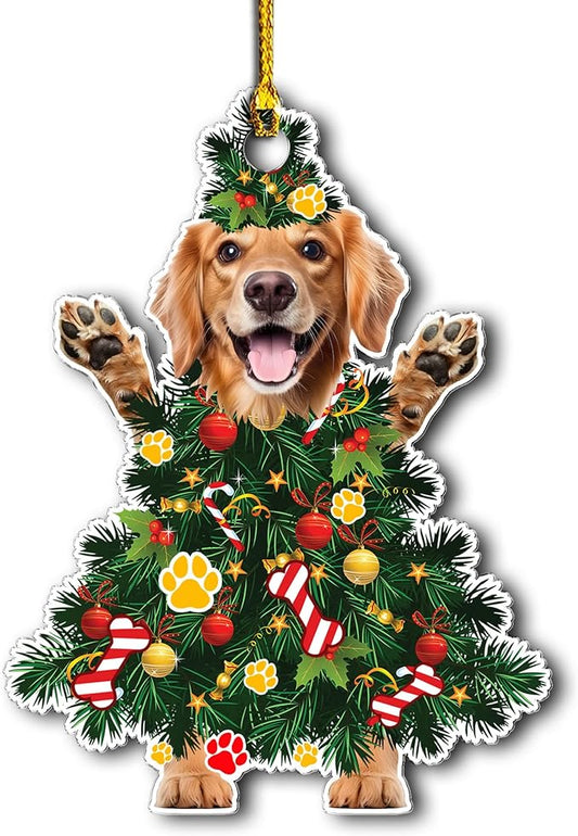 2025 Golden Retriever Dog Christmas Ornament - Adorable Dog Dressed as a Christmas Tree - Fun and Festive Acrylic Decoration (Golden Retriever Xmas Tree)