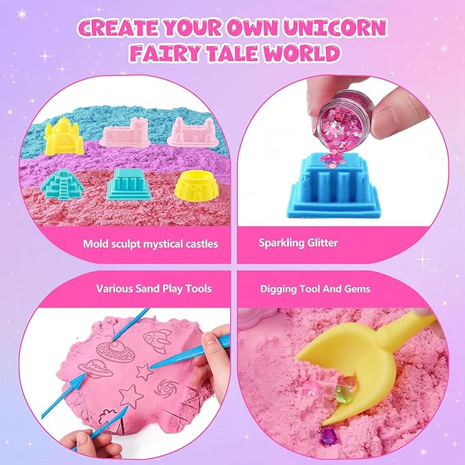 MYDOVA Unicorn Sensory Bin for Girl, Magic Sand Art Kit for Boys and Girl with Sandbox, Castle Molds, 2.18lb 3 Color Sand, Best Unicorn Toy Kits Christmas Birthday Gift for Toddler Ages 3+
