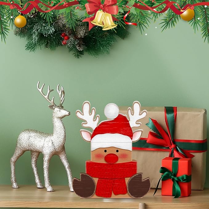 Britimes 4 Pcs Christmas Reindeer Table Decor Christmas Tiered Tray Decorations Set Red Nose Reindeer with Scarf Block Signs Gift Rustic Farmhouse Tabletop Decor for Table & Home Office
