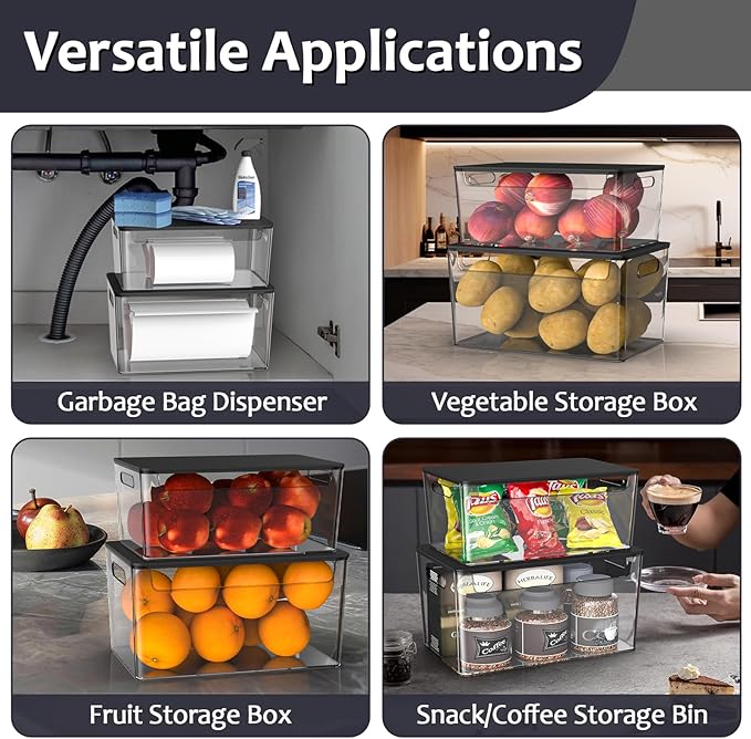 2 Pack Trash Bag Holder Under Sink Stackable, Plastic Garbage Bag Dispenser with Lid, Trash Bag Storage Dispenser Roll Holder for Kitchen, Pantry, Laundry Room Organization (Black Lid)