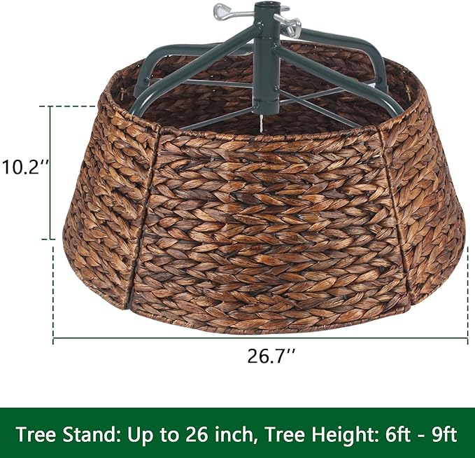 Christmas Tree Collar 27'' D Handmade Hyacinth Tree Collar Basket Rattan Wicker Christmas Woven Tree Ring Stand Base Cover for Christmas Holiday Decoration-Brown Washed
