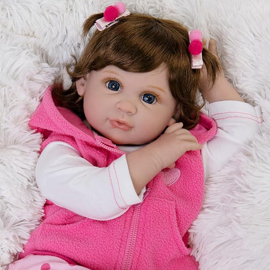 Real Life Baby Dolls, 22-Inch Reborn Baby Doll Soft Cloth Body Lifelike Baby Dolls Complete with Clothes and Toy Accessories Christmas Birthday Gift for Kids Age 3+, Pink Pony