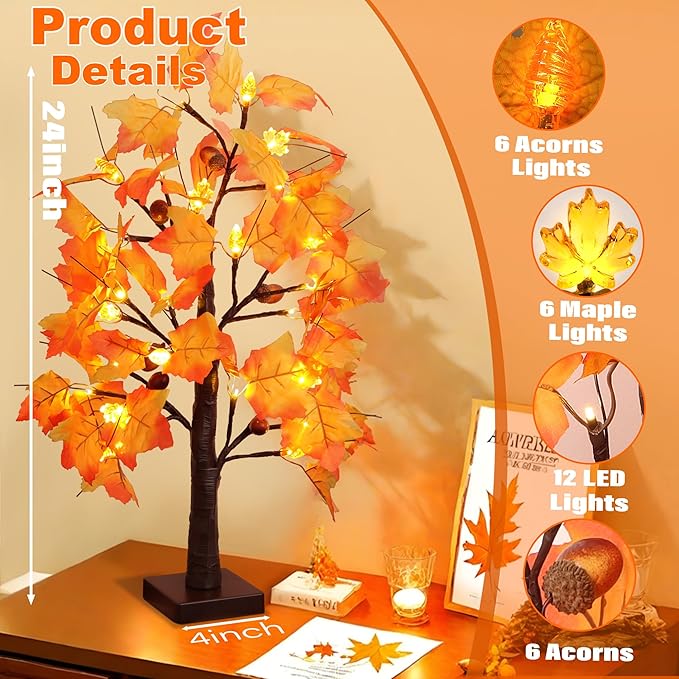 2 Packs 24 Inch Lighted Maple Tree Fall Thanksgiving Decorations with 48 LEDs Timer Battery Operated 3D Acorn Maple Lampshade Artificial Autumn Tree Lights for Thanksgiving Table Decor Home Indoor