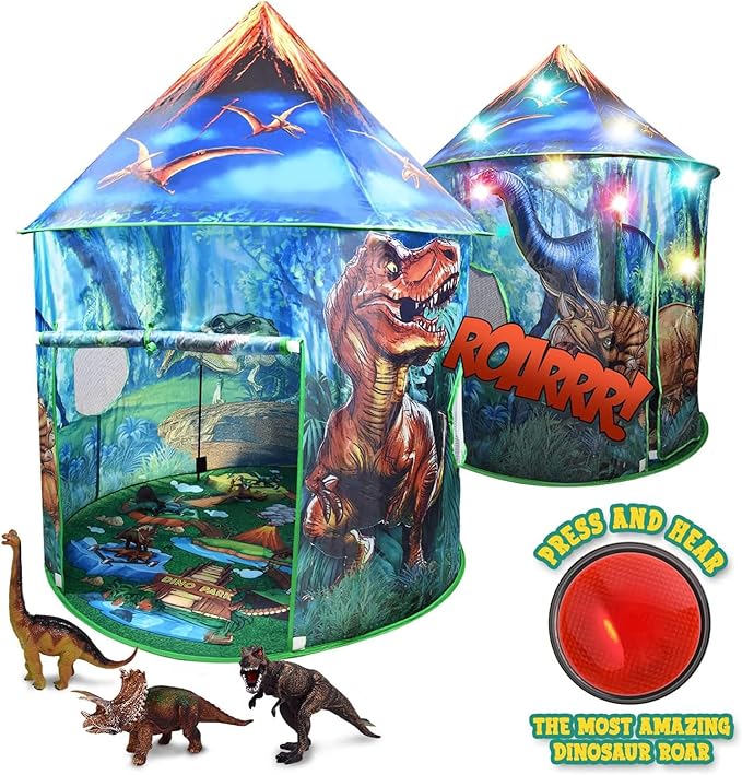 Dinosaur Pop Up Kids’ Play Tent by Toy to Enjoy - Perfect for Indoor & Outdoor. Dinosaur Camping Tent for Toddlers, Boys&Girls. Includes Remote Controlled Lights, Roar Sound Button & 3 Different Toys