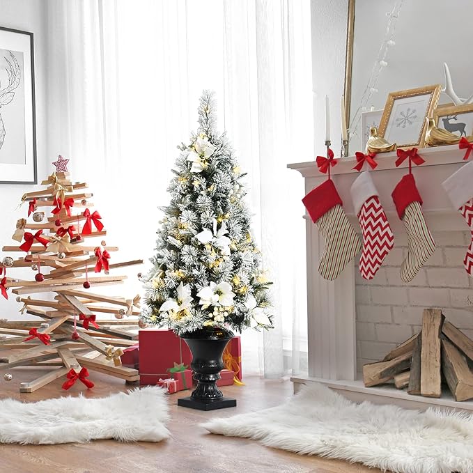 Goplus 4ft Flocked White Christmas Tree for Entrances, Pre-lit Artificial Xmas Tree w/Warm White LED Lights, Flowers & White Berries in Black Urn Base, Porch Festival Holiday Decoration