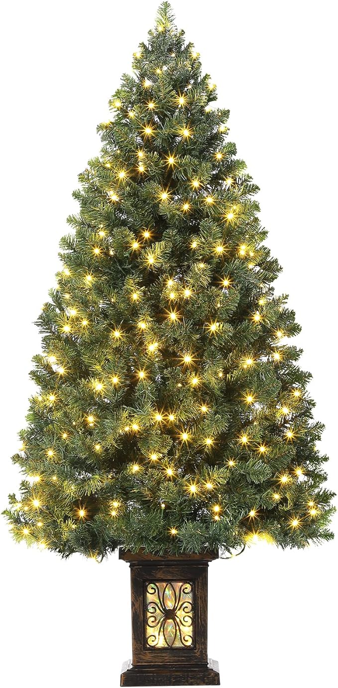 Garvee Pre-lit Artificial Christmas Tree with Warm White Lights, Green Full Christmas Tree 4.5 ft with 8 Light-Modes, Pre Lighted Xmas Tree W/460 Branch Tips, 300 Light & Antique Urn Base,1 PCS