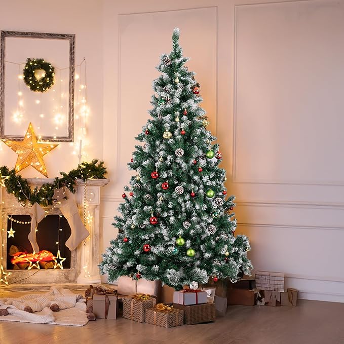 7ft Green Artificial Christmas Tree, Premium Unlit Holiday Xmas Tree for Home Office Party Decoration with 1000 PVC Hinged Partially Frosted Branch Tips, 40 Real Pinecones, Foldable Stand