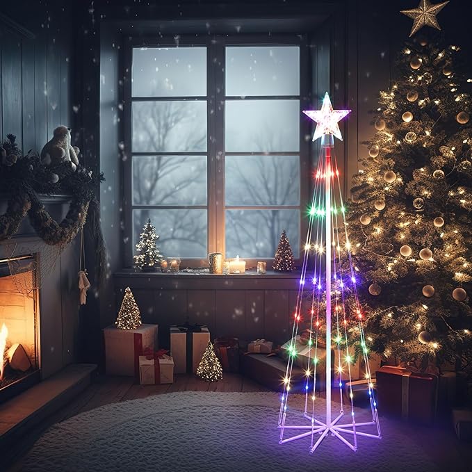 3 Pack LED Animated Christmas Tree, 4' 5' 6' Multicolor Lightshow Lighted Cone Wire Tree With Topper Star, Indoor Outdoor Decorations for Yard Patio