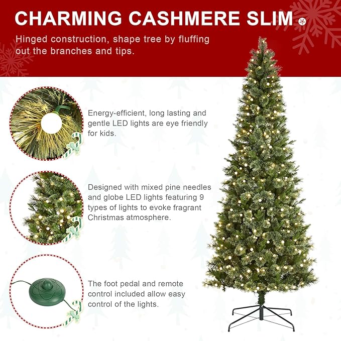 Glitzhome Prelit Christmas Tree, 9ft Artificial Christmas Tree Green Charming Cashmere Slim Pine with 450 Warm White and Multi-Color Globe LED Lights, 9 Function w/Foot Pedal and Remote Control