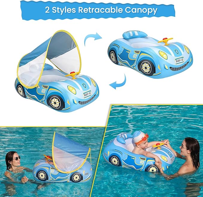 3D Car Thick PVC Inflatable Baby Swim Pool Float with Sun Shade Cover and Steering Wheel - Age 1-4 Years Old