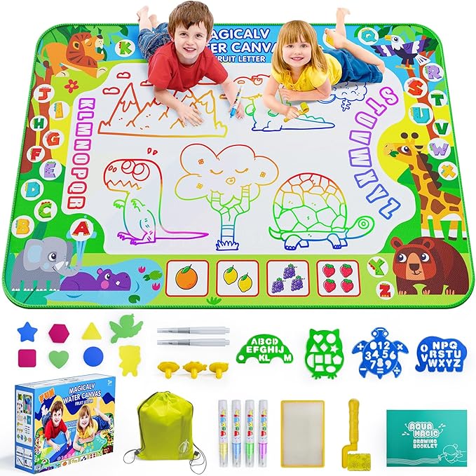 2 in 1 Water Doodle Mat,60 x 40 Inch Extra Large Drawing Mat with Backpack,Hopscotch Rug Design on Back,Educational Toys Gifts for Kids Boys Girls,Mess Free Painting for Toddlers Age 3-12 Year Old