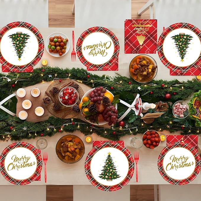 72 Pcs Christmas Plates Disposable Party Set Red Black Plaid Christmas Tree Holiday Paper Plates and Napkins for Chirstmas Party Table Decorations