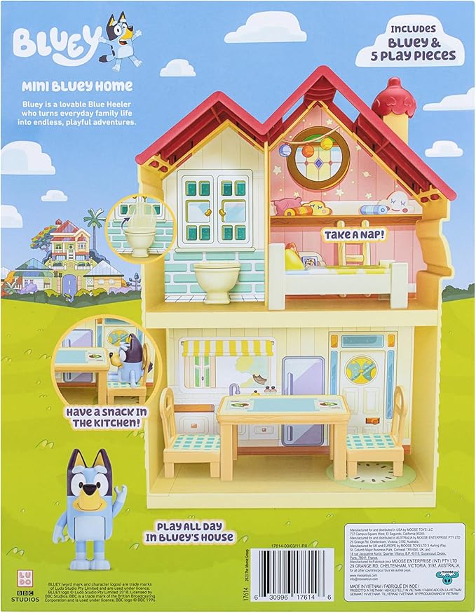 Bluey Mini Home Playset | Compact House Playset with Carry Handle | Three Different Rooms | Kitchen, Bedroom and Bathroom | Includes Figure with 5 Play Pieces