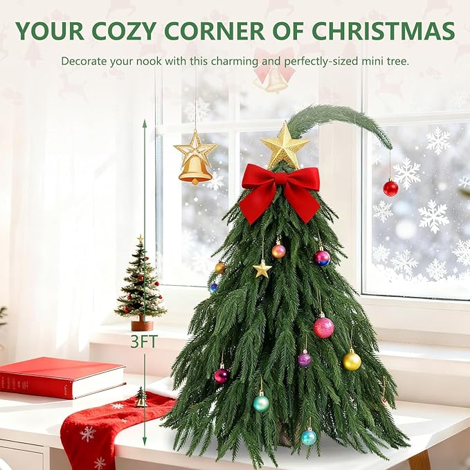 Tabletop Norfolk Pine Christmas Tree, 3FT Green Mini Artificial Christmas Tree with Norfolk Branch, Small Xmas Tree for Christmas Holiday Indoor Decoration