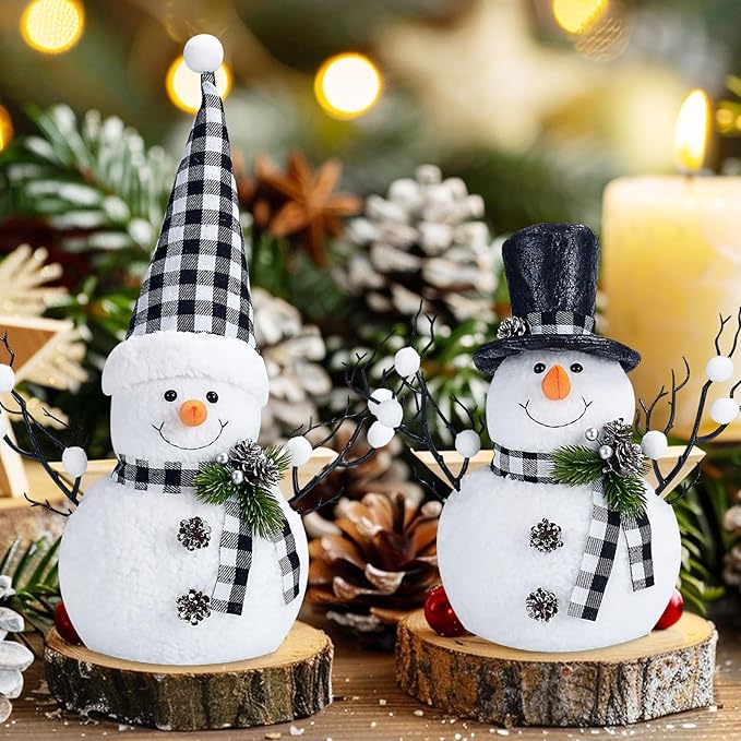 2 Pack Black and White Christmas Decor, 14" Lighted Snowmen Tree Buffalo Check Plaid Farmhouse Decorations, Table Centerpieces Rustic Gifts Tiered Tray Decor with for Christmas Party