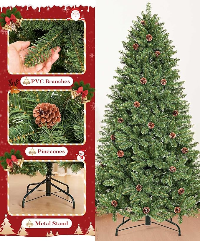 6FT Unlit Realistic Artificial Christmas Tree with Pinecones - Full PVC Xmas Tree for Indoor Holiday Decoration, Easy Assembly