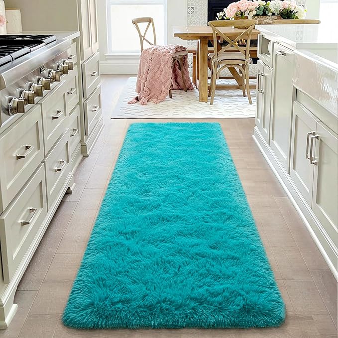 2x6 Blue Fluffy Bedside Runner Rug Machine Washable, Shag Throw Bedroom Rugs Non Slip, Hallway Small Area Long Plush Carpet for Nursery, Kid Boy Girl Room