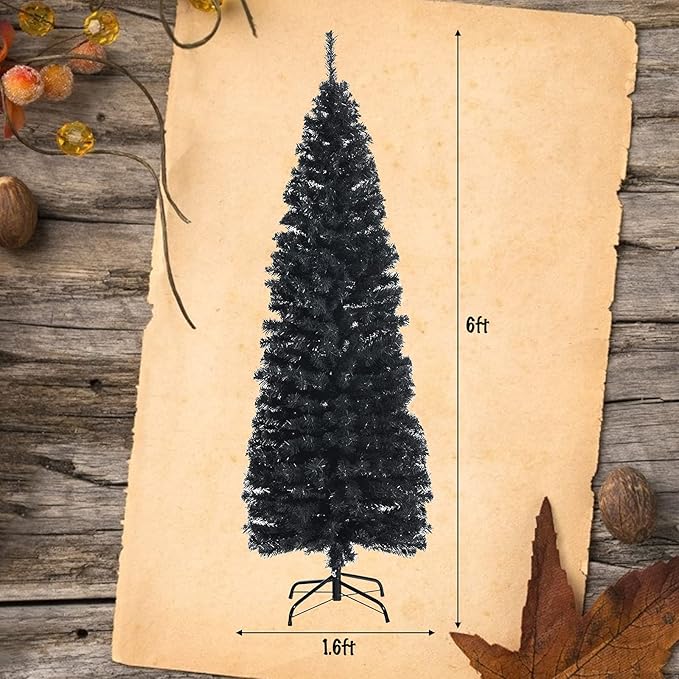 HAPPYGRILL 6 Feet Black Pencil Christmas Tree, Artificial Skinny Xmas Tree with Metal Stand, Realistic Unlit Pine Tree with 520 Branch Tips for Indoor Outdoor