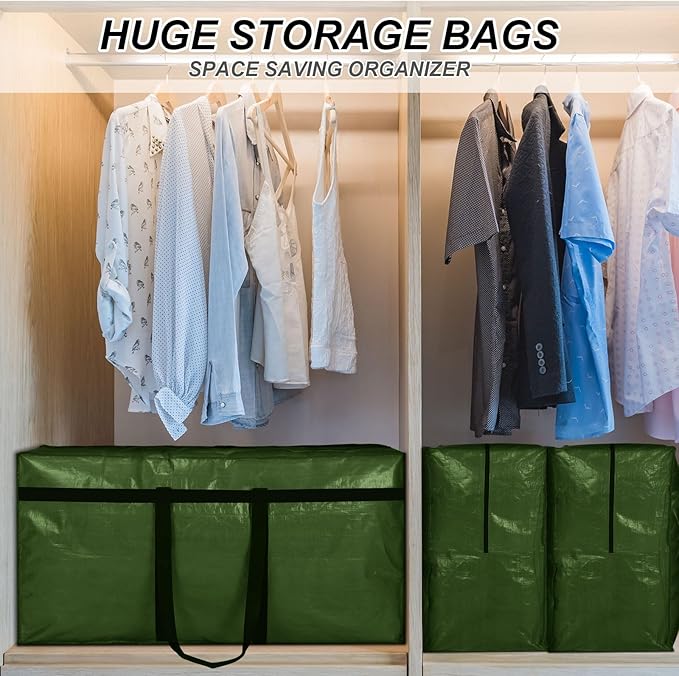Windyun 4 Pack 57 Gallon Extra Large Storage Bag XXL Moving Bag with Zipper Handle Heavy Duty Jumbo Big Tote Box for Halloween Skeleton 4-12 Feet Christmas Tree Storage College Dorm Cloth (Army Green)