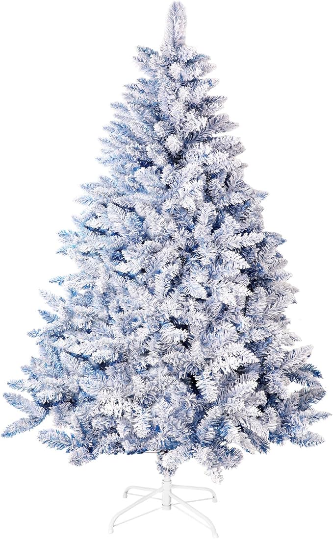 6ft Premium Hinged Artificial Holiday Christmas Tree for Home, Office, Party Decoration Snow Flocked Xmas Pine with 1,000 Branch Tips, Easy Assembly, Metal Hinges & Base (Blue)