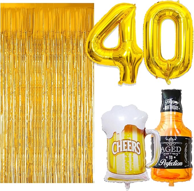 40th Birthday Decorations for Men, 40 Birthday Decorations with 40 Inch Gold 40 Number Balloons, Cheers to 40 Years Banner,Fringe Curtains and Cups Foil Balloons
