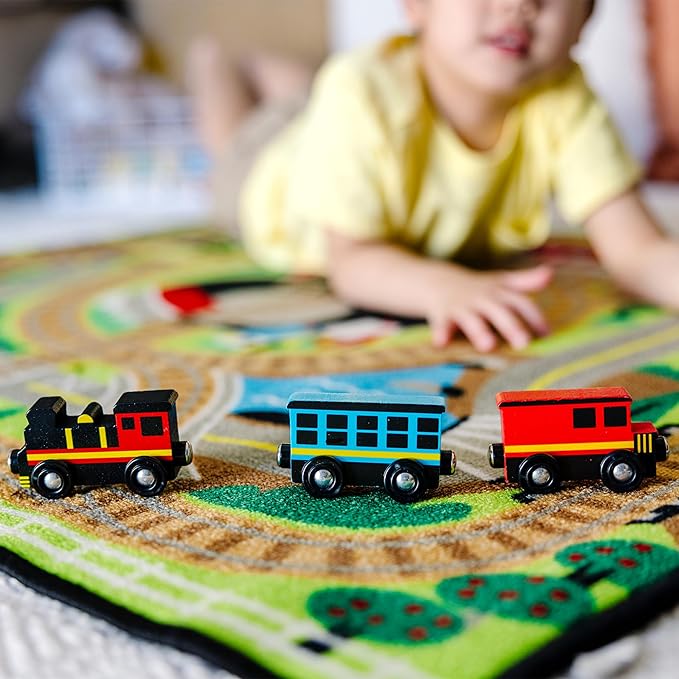 Melissa & Doug Round the Rails Train Activity Play Rug, 3 Wooden Train Cars (39" x 36")