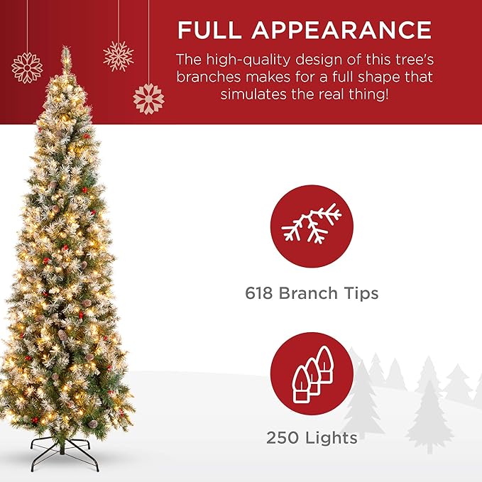 Best Choice Products 6ft Pre-Lit Pencil Christmas Tree, Partially Flocked Pre-Decorated for Home, Skinny Frosted Holiday Tree w/ 618 Tips, 250 Lights, Pine Cones, Metal Hinges & Base