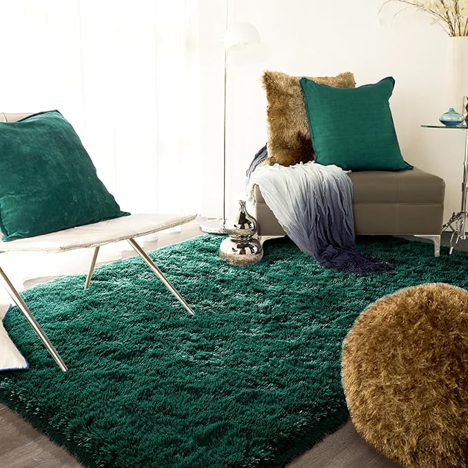 Ompaa Dark Green Rug 5x8 Fluffy Emerald Area Rugs for Bedroom Living Room Carpet, Non-Slip High Pile, Modern Fuzzy Shaggy Deep Grass Green Rug for Classroom Kids Playroom Nursery Home Office Decor