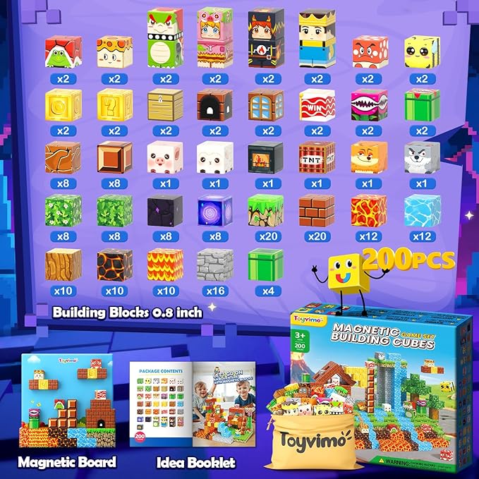 200PCS Magnetic Blocks Toys for Kids Ages 3-5 6-8 8-12 with Magnetic Board Sensory Kids Toys Stacking Blocks, Build Mine Magnet World-3 4 5 6 7 8 9 10 Year Old Boy Girls Birthday Gifts