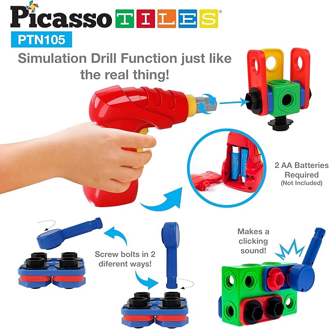 Picasso Toys STEM Learning Toys 105 Piece Building Block Set Kids Construction Engineering Kit Toy Blocks Children Early Education Playset w/IdeaBook, Power Drill, Clickable Ratchet, Age 3+ PTN105