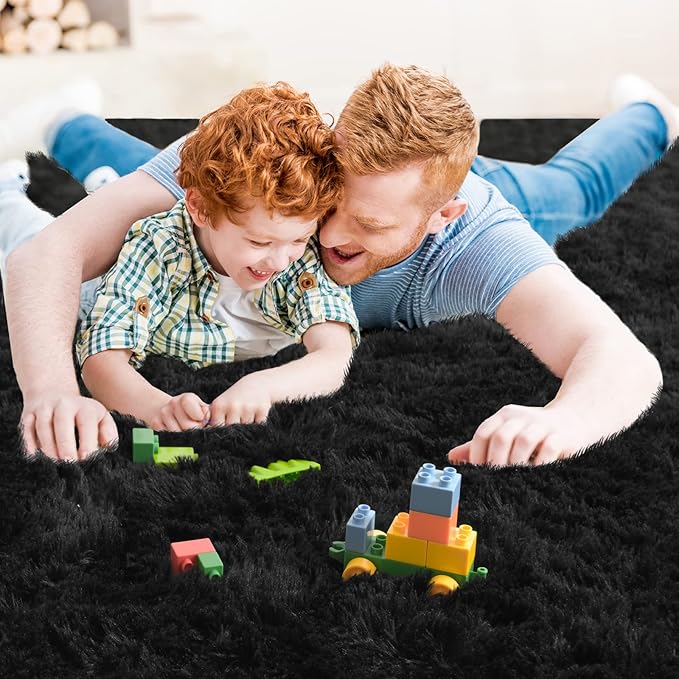 Ompaa 9x12 Area Rug Black Fluffy Living Room Large Carpet for Bedroom Dorm, Non-Slip High Pile, Modern Big Shag Rug for Classroom Kids Playroom Nursery Home Office Decor