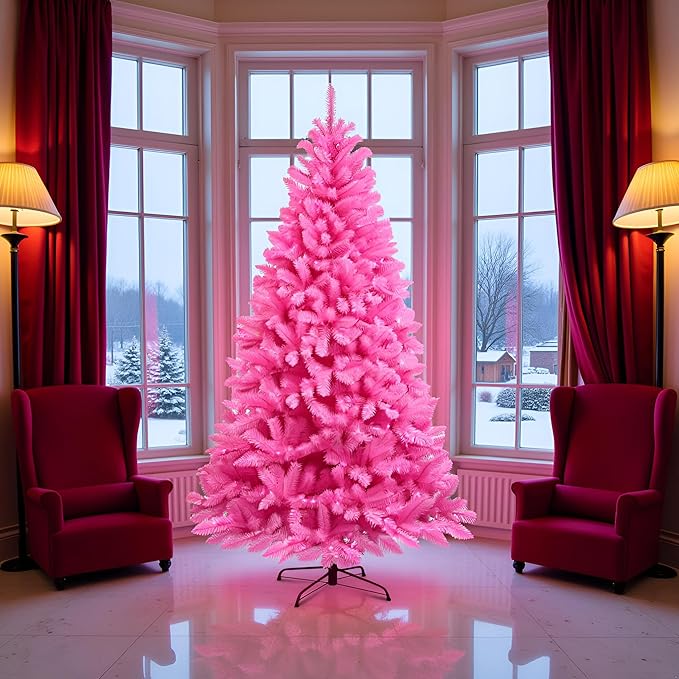 YULETIME 6.5 Feet Pre-Lit Pink Christmas Tree, Artificial Holiday Decorative Tree with UL Listed 300 Pink LED Christmas Lights with Matching Color Wire