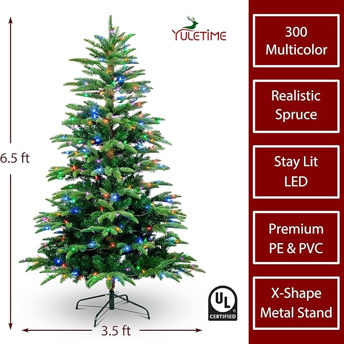 YULETIME 6.5ft Pre-Lit Christmas Tree, Realistic Spruce Holiday Decorative Tree with UL Listed 300 Multicolor LED Christmas Lights (6.5' Realistic Spruce Multicolor)