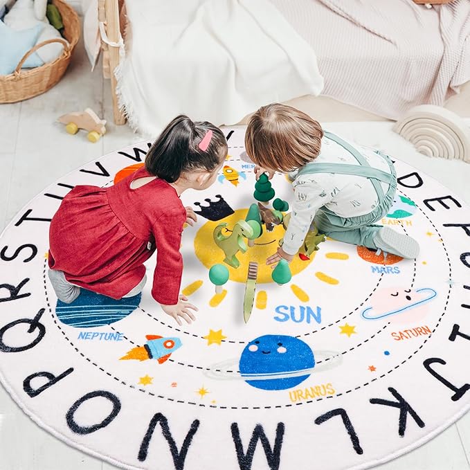 ABC Kids Rug,5.2 ft Washable Nursery Rug,Soft Plush Educational Circle Rug,Non-Slip Solar System Alphabet Rug for Classroom playroom Bedroom Kids Room Decor