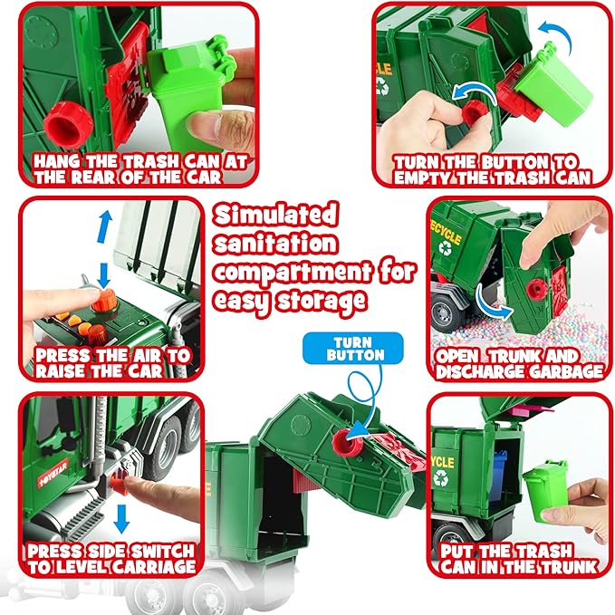 Dwi Dowellin Toddler Toys for 3 + Years Old Boys, 15" Large Garbage Truck Toy,Friction Powered Waste Management Garbage Truck with Lights and Sounds,3 Rear Loader Trash Cans,Kids Gift