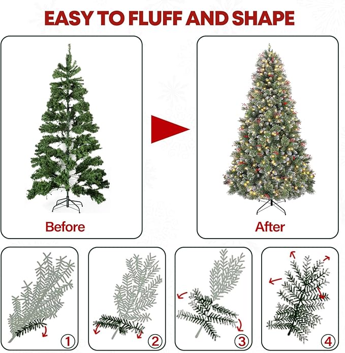 7.5ft Lighted Frosted Christmas Tree, Artificial Christmas Pine Tree with Red Berries, 350 Warm White LED Lights, 1372 Branch Tips, Foldable Metal Stand and Hinged Branches