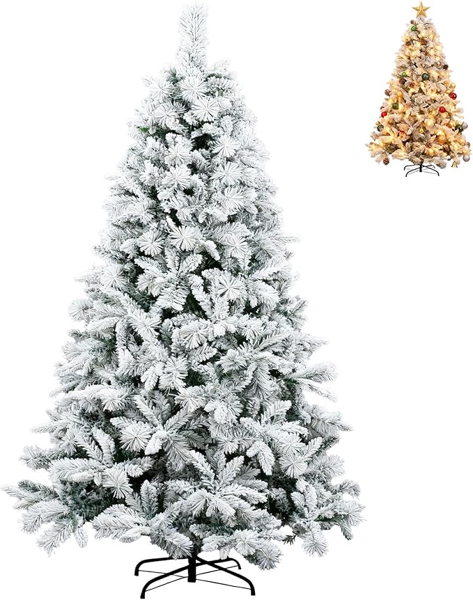 6Ft Prelit Christmas Tree,Snow Flocked Artificial Hinged Holiday Christmas Pine Tree,Xmas Tree w/400 LED Lights and 1200 Snow Flocked Branch Tips for Home,Office,Party Decoration