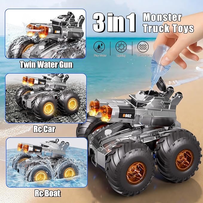 Waterproof Monster Truck Toy 4WD All-Terrain RC Cars, Amphibious Remote Control Car with Water Gun, Remote Control Boat Toys Gesture Sensing Rc Stunt Car, Birthday Gifts for Boys Age 8 9 10 11 12 Yrs