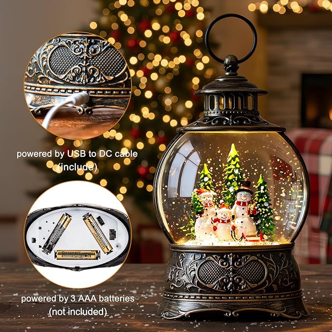 Christmas Snow Globes Christmas Water Lantern with Snowman Family with sled Christmas Tree Music & 6H Timer, USB Lined/Battery Operated Lighted Lanterns for Xmas Festival Decoration Gifts