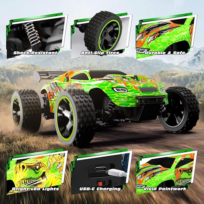 Tecnock RC Cars for Kids, 1:18 Scale 2WD RC Car with USB-C Easy Charging, 2.4GHz Remote Control Car with LED Lights & 50 Mins Playtime, Toys Gifts for Boys & Girls Ages 8-12