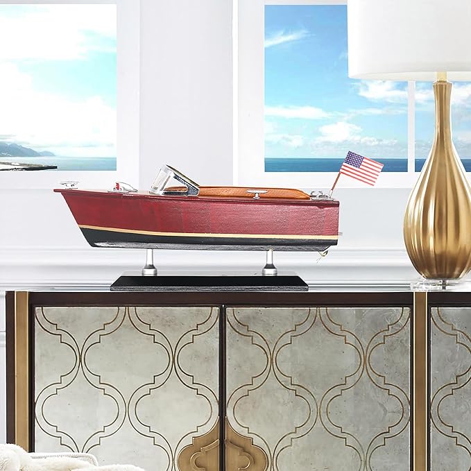 10" Wooden Speedboat Model Ship Sailing runabout 1/27 Scale Replica Nautical Decoration (10”, Burgundy)