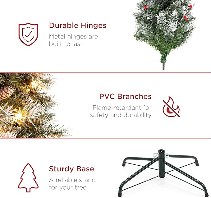 Best Choice Products 12ft Pre-Lit Pencil Christmas Tree, Partially Flocked Pre-Decorated for Home, Skinny Frosted Holiday Tree w/ 1,818 Tips, 700 Lights, Pine Cones, Metal Hinges & Base
