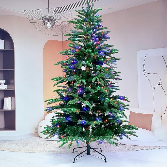 YULETIME 6.5ft Pre-Lit Christmas Tree, Realistic Spruce Holiday Decorative Tree with UL Listed 300 Multicolor LED Christmas Lights (6.5' Realistic Spruce Multicolor)