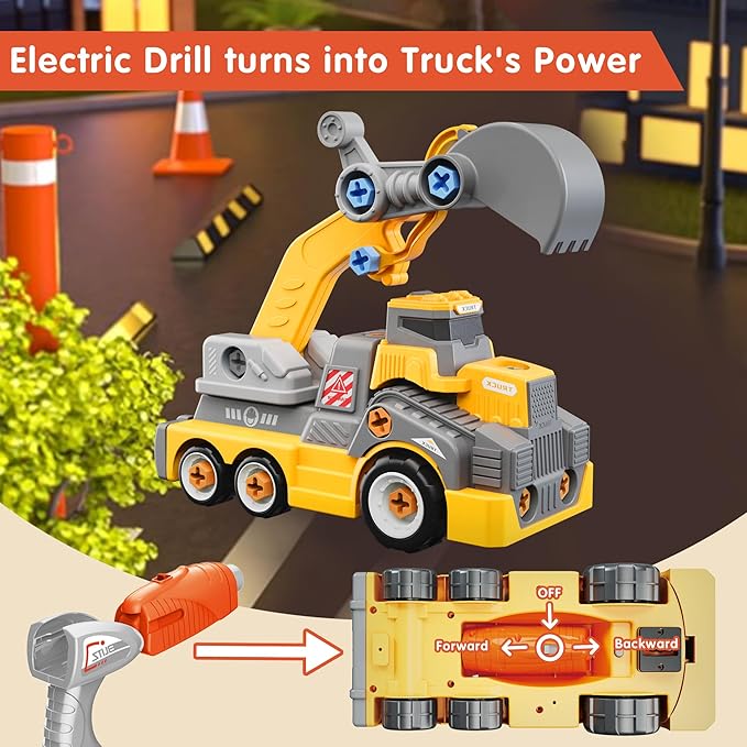 11inches Large Take Apart Construction Toys Excavator Truck for Boys Girls Kids 3-5 6-8 Electric Drill Set Assembly Building Toys